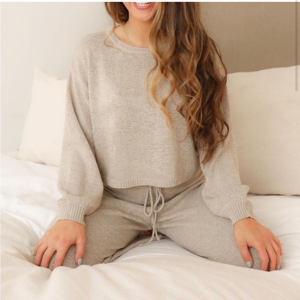 LDLA Studio City Knit Set Long Sleeve Crop Top & Wide Leg Pants Size M